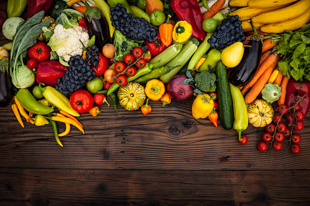 Fruits and vegetables on wood table