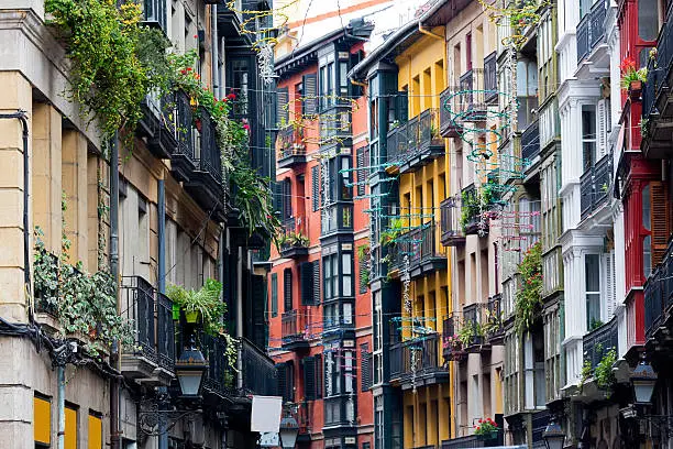 Details of the multi colored facades of the old buildings in Bilbao's Casco Viejo.