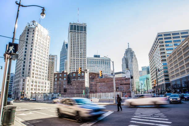 Downtown Detroit Skyline from intersection of Monroe & Randolph Streets on bright clear sky spring day