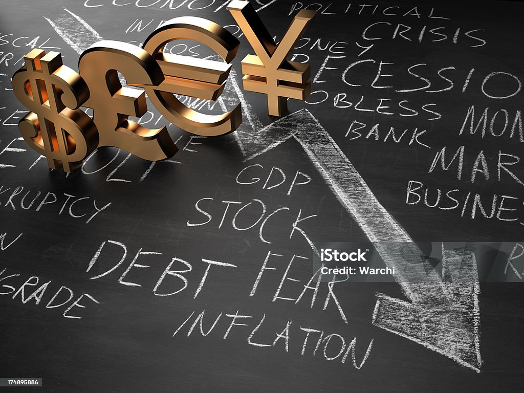 Ouro 3d símbolos monetários no quadro-negro - Foto de stock de Bolsa de valores e ações royalty-free