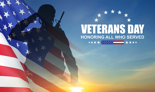 Silhouette of soldier with USA flag against the sunset. Greeting card for Veterans Day, Memorial Day, Independence Day. EPS10 vector