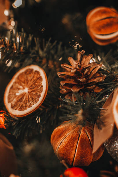 istock Dried mandarins, oranges,cones hanging on the Christmas tree branches. 1748961575