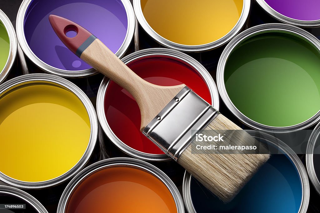 Colorful paint cans with brush Colorful paint cans with brush.Similar photographs from my portfolio: Paint Can Stock Photo