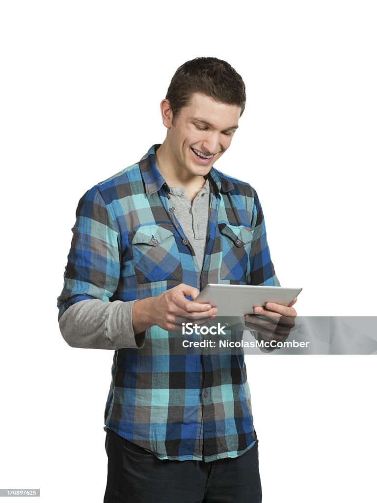 Jovem casual slacker estudante rindo no tablet - Foto de stock de 20 Anos royalty-free