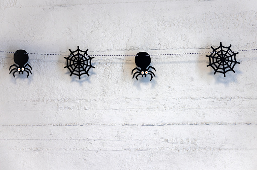 Halloween accessories spider and spider web on concrete wall. The concept of celebrating Halloween Days
