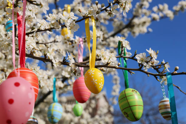istock Beautifully painted Easter eggs hanging on blooming cherry tree outdoors 1748979498