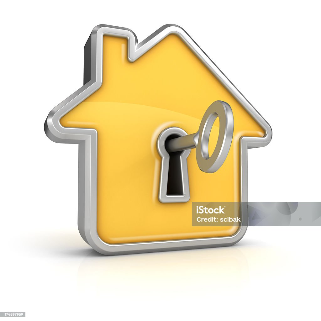 House with a key House symbol with a key in a keyhole.Digitally generated 3D image. Isolated on white background. Key Stock Photo