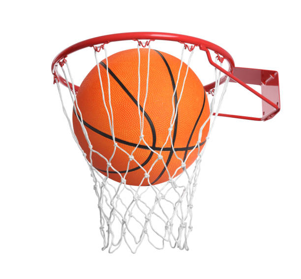 istock Basketball ball in hoop with net isolated on white 1748987623