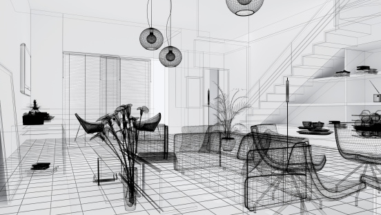 Wireframe 3d Modern Interior Blueprint Render Image Architecture ...