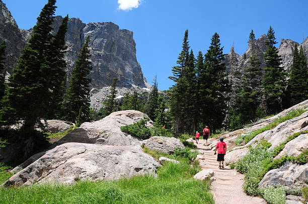 Kids Hiking in Rocky Mtns National Park, Colorado Hiking on the trail leading to Emerald Lake in the Bear Lake region of the Rocky Mountain National ParkSee More Hiking and the Great Outdoors Images Here: neta degany stock pictures, royalty-free photos & images
