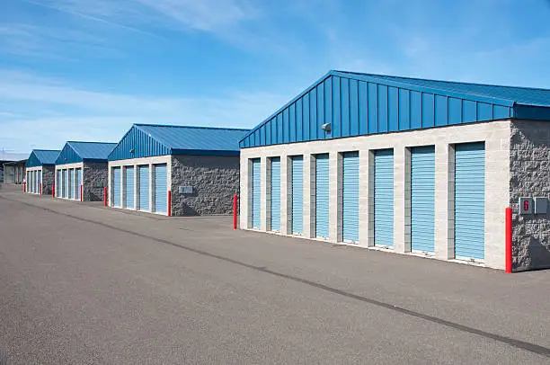 Photo of Exterior of blue and tan storage units