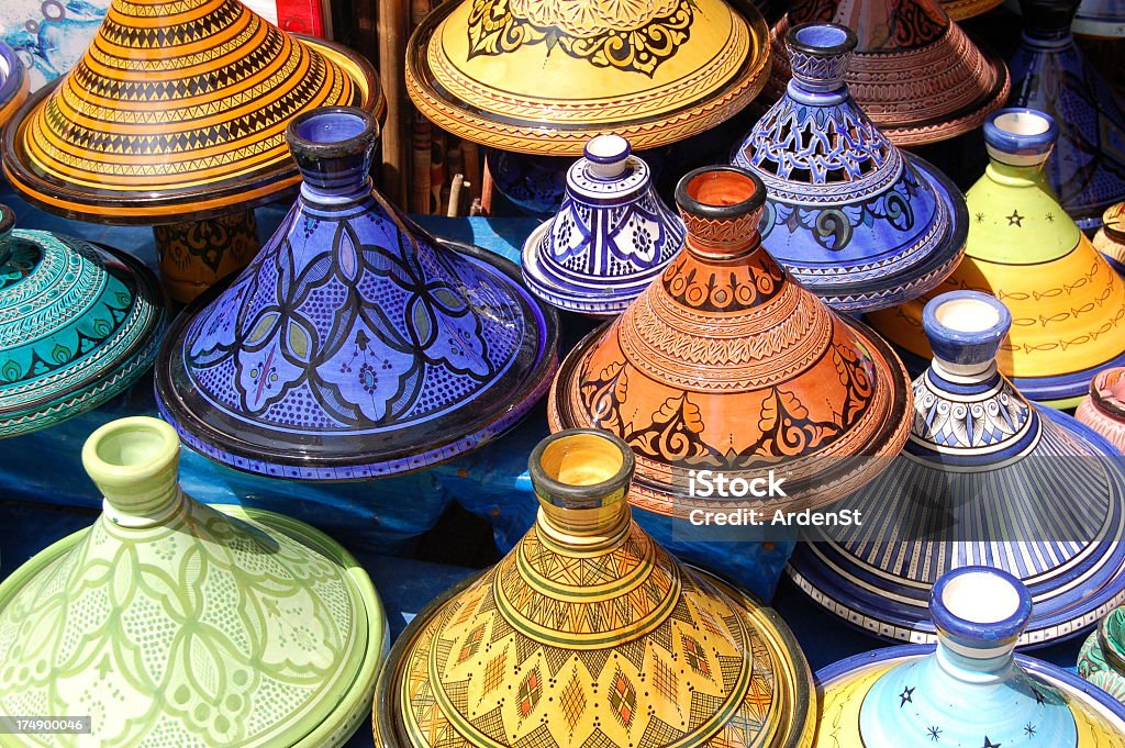 Stack of beautiful colored Moroccan Tajine pots Colorful Traditional Moroccan Cooking Pots Marrakesh Stock Photo