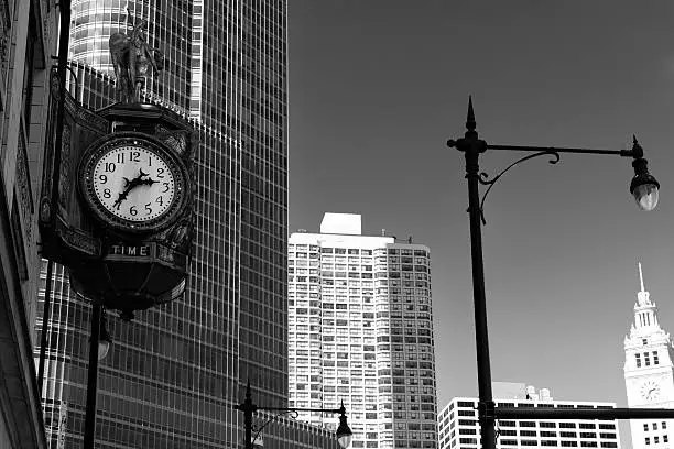 Photo of Old Clock,Chicago. Black And White.