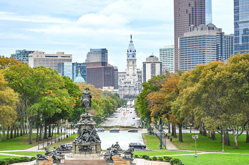 Autumn in center city Philadelphia. City hall and Ben Franklin parkway