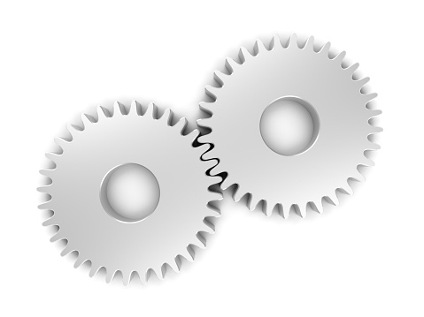 Two gears isolated on white background. Cogwheel. 3d illustration.