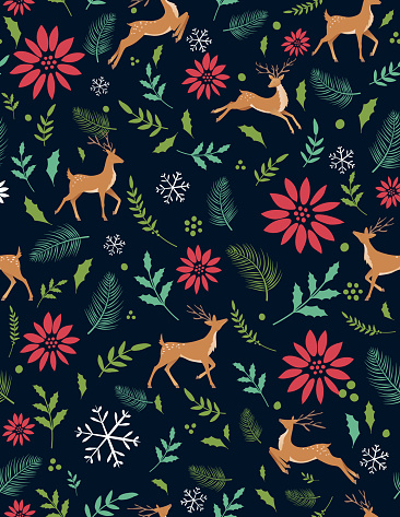 A cute seamless repeating pattern with a holiday theme and reindeer on a dark background.