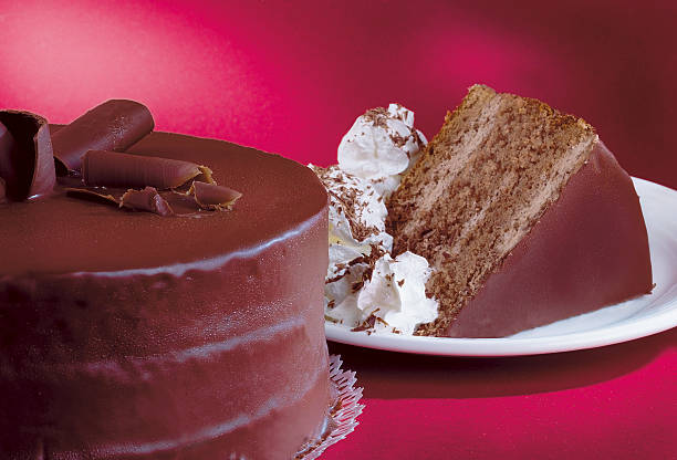 A slice of chocolate cake sitting beside a chocolate cake stock photo