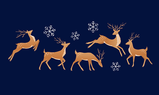 A cute holiday or Christmas reindeer with snowflakes on a dark background. Deer and snowflakes are on their own layer for easier editing.