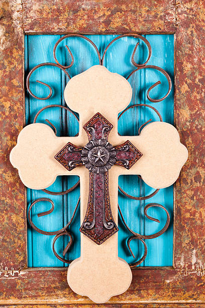 istock Crosses on wrought iron frame blue background 174903215