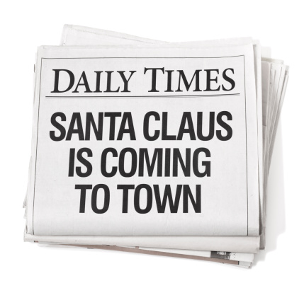 Wrinkled and textured natural newsprint Santa Claus is Coming to Town Headline.Click here to see all of my Newspaper images: