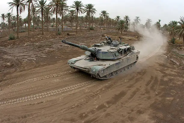 Photo of Fisheye style image of a tank driving on a dirt road