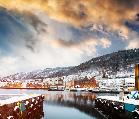 beautiful sky and view on bay and Bergen at sunset in Norway