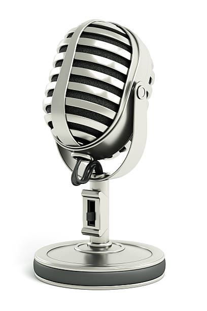 Microphone Chrome desktop microphone isolated on a white background. podcasting photos stock pictures, royalty-free photos & images