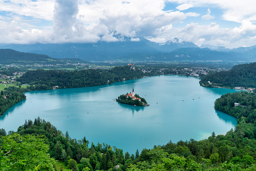 lake bled from the top, view on island with a church