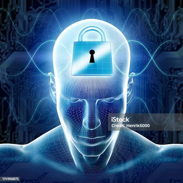 Man With Hitech Cyber Security Theme And Lock Stock Photo - Download Image Now - Artificial, Blue, Communication