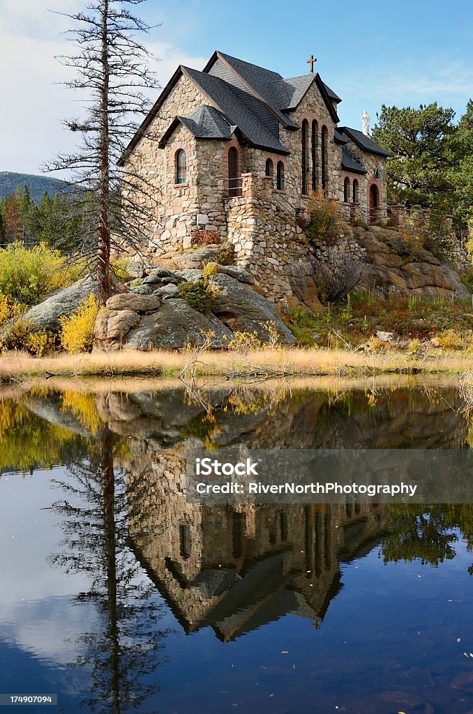 Rocky Mountain Church Near Estes Park Beautiful stone church high up in the Rocky Mountains of Colorado. Lake Stock Photo