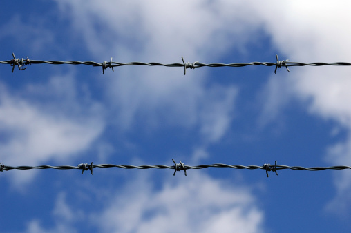 Lines of barb wire against the blue sky with clouds. Ideal for backgrounds.