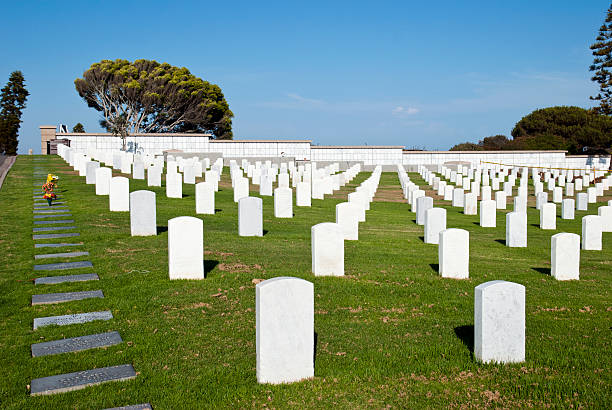 istock rows of tombstone on green field 174908188