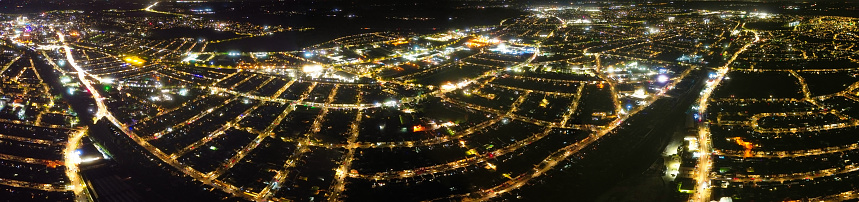 High Angle Ultra Wide Panoramic Illuminated British Town View of Luton City, England UK. Image Captured After sunset over United Kingdom with Drone's Camera