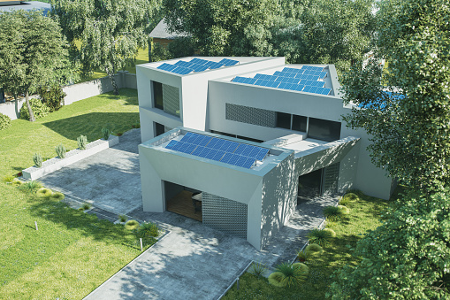 Modern house with solar panels.