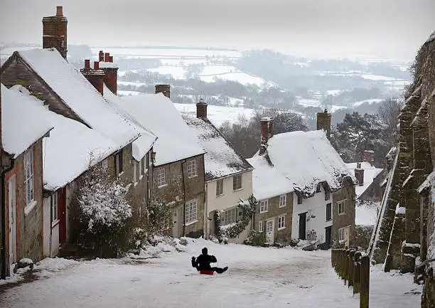 A famous English view  - Gold Hill in Dorset, on a cold mid-winters day. 
