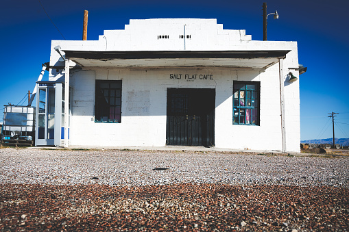 Salt Flat, Texas, USA - October 11, 2023: The front door of the rural Salt Flat Cafe, built in 1929, and located about an hour east of El Paso.
