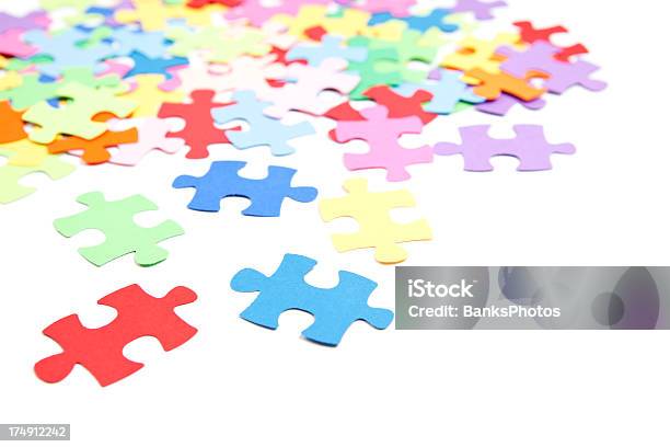 Colorful Puzzle Pieces Isolated On White Stock Photo - Download Image Now - Abundance, Blue, Confusion