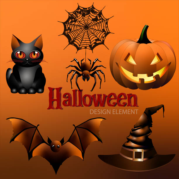 ilustrações, clipart, desenhos animados e ícones de lanterna jack o' iluminada, gato preto, chapéu de bruxa, morcego voador, ícone de aranha e teia de aranha em fundo laranja. feliz halloween cartão templete. - bat halloween spider web spooky