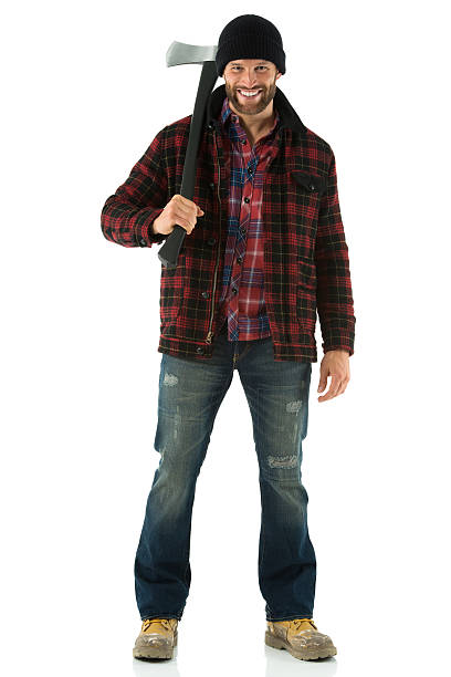 istock Smiling lumberman standing with an axe 174913015
