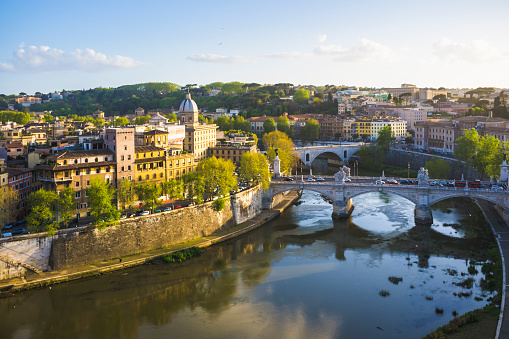 Tiber river in Rome, Italy. The nearest bridge is Ponte Vittorio Emanuele II.