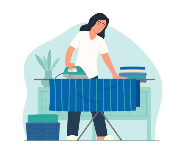 Vector illustration of Woman Ironing Clothes with Electric Iron at Home for Housework Concept Illustration