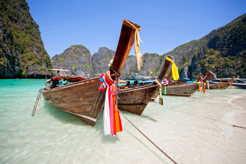 Longtail boats at Maya Bay-Koh Phi Phi beach in Thailand