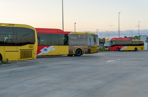 Felanitx, Spain; october 09 2023: TIB buses parked in an industrial park. Felanitx, island of Mallorca, Spain