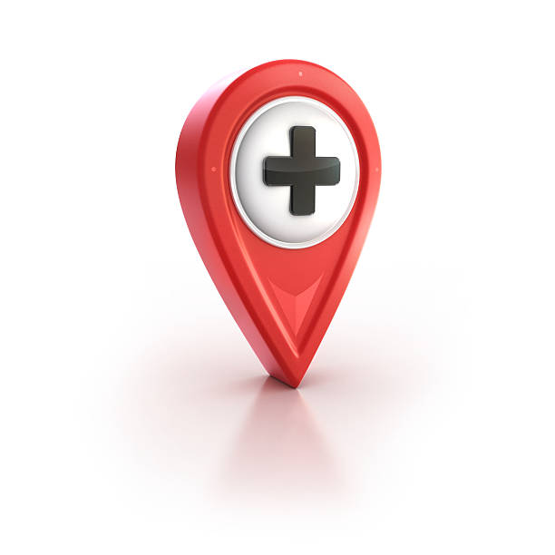 istock glossy red pin icon with plus or cross sign 174915422