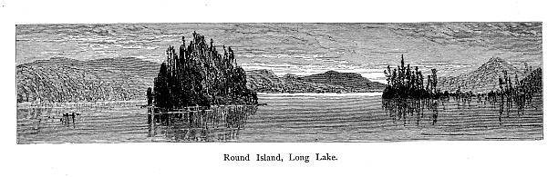 Round Island, Long Lake, New York "Round Island, Long Lake, U.S. state of New York. Published in Picturesque America or the Land We Live In (D. Appleton & Co., New York, 1872)" adirondack mountains stock illustrations