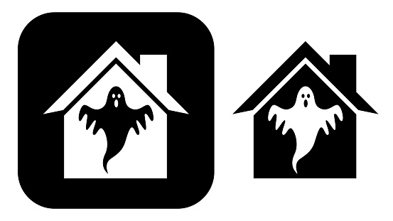 Vector illustration of two black and white ghost house icons.