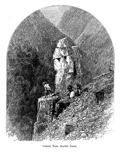 Column Rock, Dixville Notch, New Hampshire "Column Rock, Dixville Notch mountain pass in the White Mountains, New Hampshire, USA. Published in Picturesque America or the Land We Live In (D. Appleton & Co., New York, 1872)." paradise pennsylvania stock illustrations