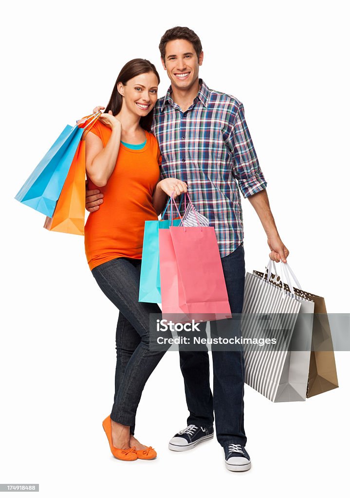 Casal segurando sacolas de compras, isolado - Foto de stock de Comércio - Consumismo royalty-free