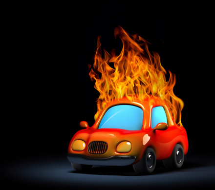 Little orange car is burning with hot red fire flames