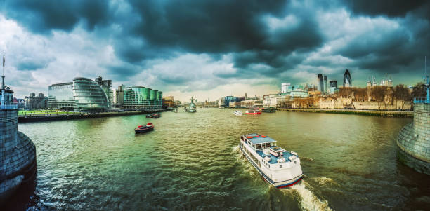 Threatening storm clouds over the River Thames and the City of London, seen from Tower Bridge